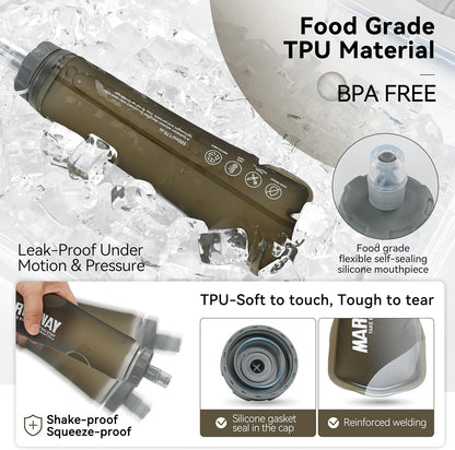 MARCHWAY Soft Hydration Flask with Wide Mouth, 300ml/500ml Collapsible TPU Water Bottle, Leakproof Portable Flexible for Running, Hiking, Cycling, Climbing, Gym, Travel (2pcs Grey 500ml)