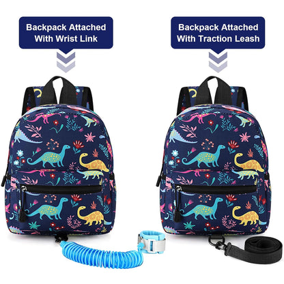 Accmor Toddler Backpack Leash with Anti Lost Wrist Link, Cute Mini Child Walking Harnesses Keep Kids Close Back Pack Rope Tether Rein for Baby Boys (Navy Blue/Dinosaur)