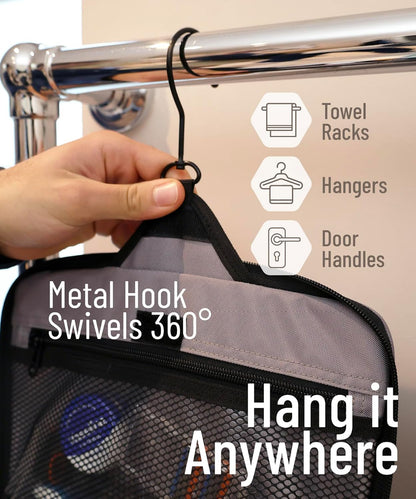 D&D Hanging Travel Toiletry Bag for Men and Women - Extra Large Hanging Shower Bag and Toiletries Organizer Kit with 10 Compartments, Quality Zippers, XXL Metal Swivel Hook, Water-Resistant Nylon