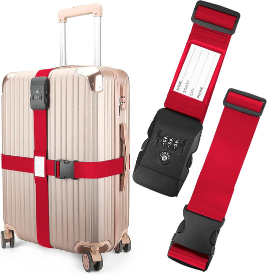 Luggage Straps, Red TSA Approved Luggage Strap Belt with Combination Lock for Suitcases, 2 Pack Adjustable Heavy Duty Cross Suitcase Straps with Name Tags for Travel, Carry On Bags, Protect Luggage
