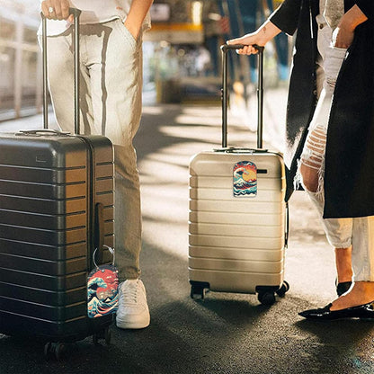 Japanese Style Ocean Wave Sun Leather Luggage Tag for Suitcase 2 Pack Luggage Tag with Privacy Name ID Label and Stainless Steel Loop for Travel Bag Suitcase