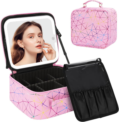 Chomeiu Makeup Bag with LED Mirror, Cute Cosmetic Bags Birthday Gifts for Girls Women, Makeup Train Case Artists Organizer Large Make Up Bags with Light Up Mirror 3 Color Lights, Pink Geometry