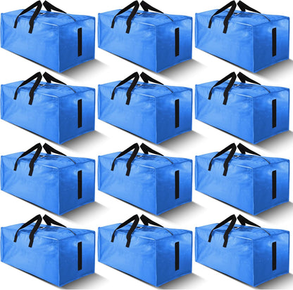 12 Pack Large Strong Moving Bags with Zippers & Carrying Handles - Water-Resistant - Heavy Duty Storage Tote for Space Saving, Fold Flat, Alternative to Moving Box (Sky Blue)