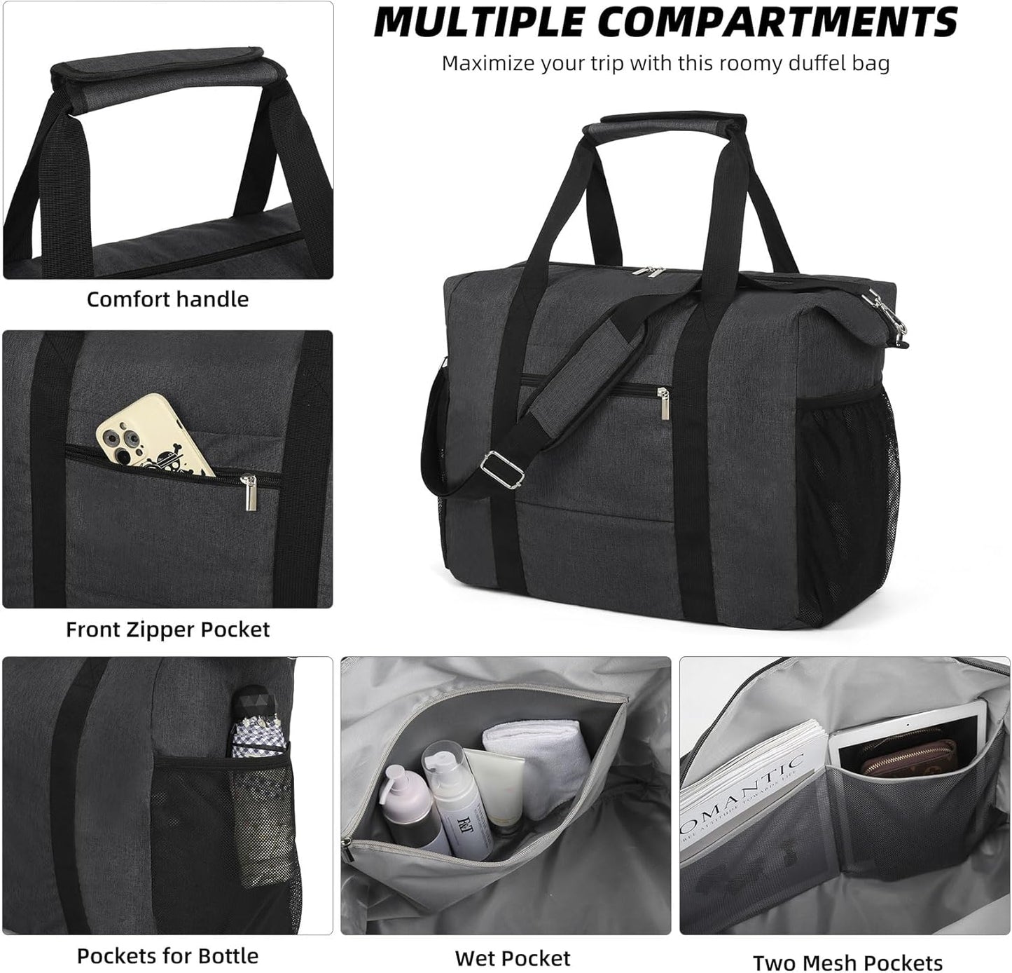 Travel Duffel Bag for Women Men,Sports Tote Gym Bag With Wet Pocke,Foldable Carry on Luggage Bag,Black