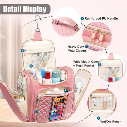 Travel Toiletry Bag for Women, Hanging Toiletry Bag, Bathroom Bag Portable Shower Caddy for College Dorm Travel Shower Bag for Women Water-Resistant Cosmetic Makeup Bag (Pink)