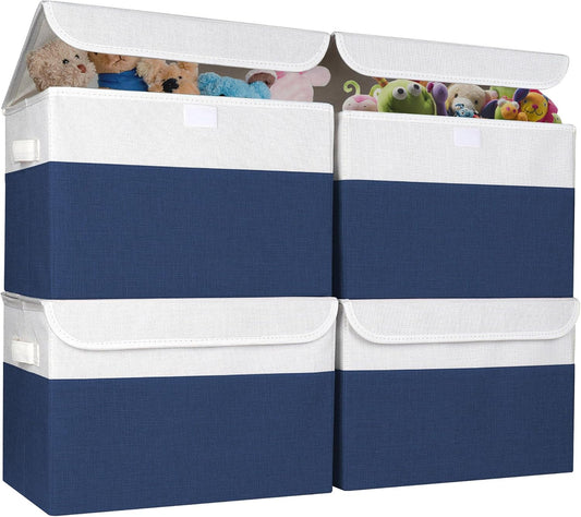 Large 22 Quart Linen Fabric Foldable Storage Bin Cube Organizer Basket with Flip-Top Lid & Handles, Clothes Blanket Box for Home, Office, Closet, Navy Blue & White, 4 Pack 14.6 x 9.5 x 9.5