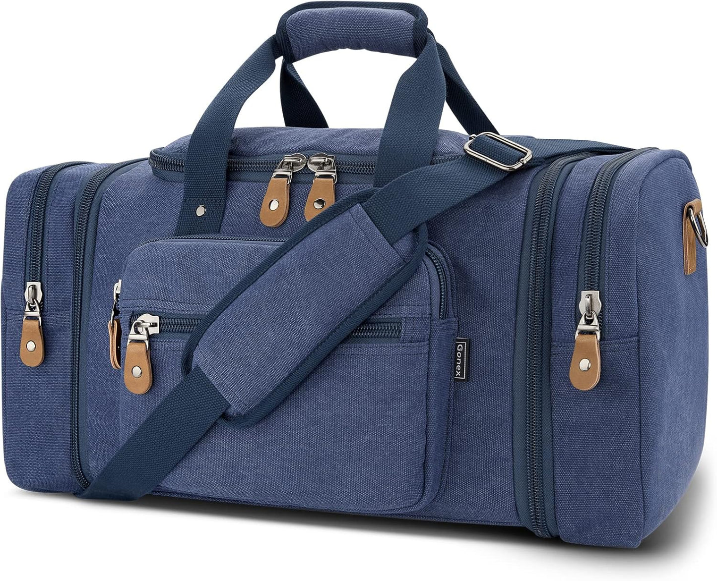 Gonex Canvas Duffle Bag for Travel 60L Expandable Duffel Weekend Overnight Bag men (Blue)