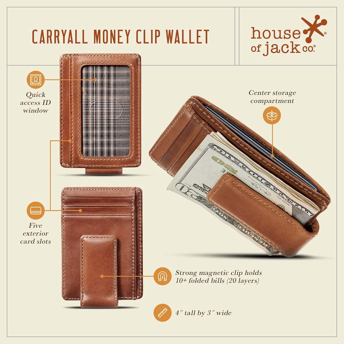 House of Jack Co. Carryall Slim Money Clip Wallet for Men, Strong Magnetic Clip, Front Pocket Wallet Card Holder, Full Grain Cowhide Leather,Tan