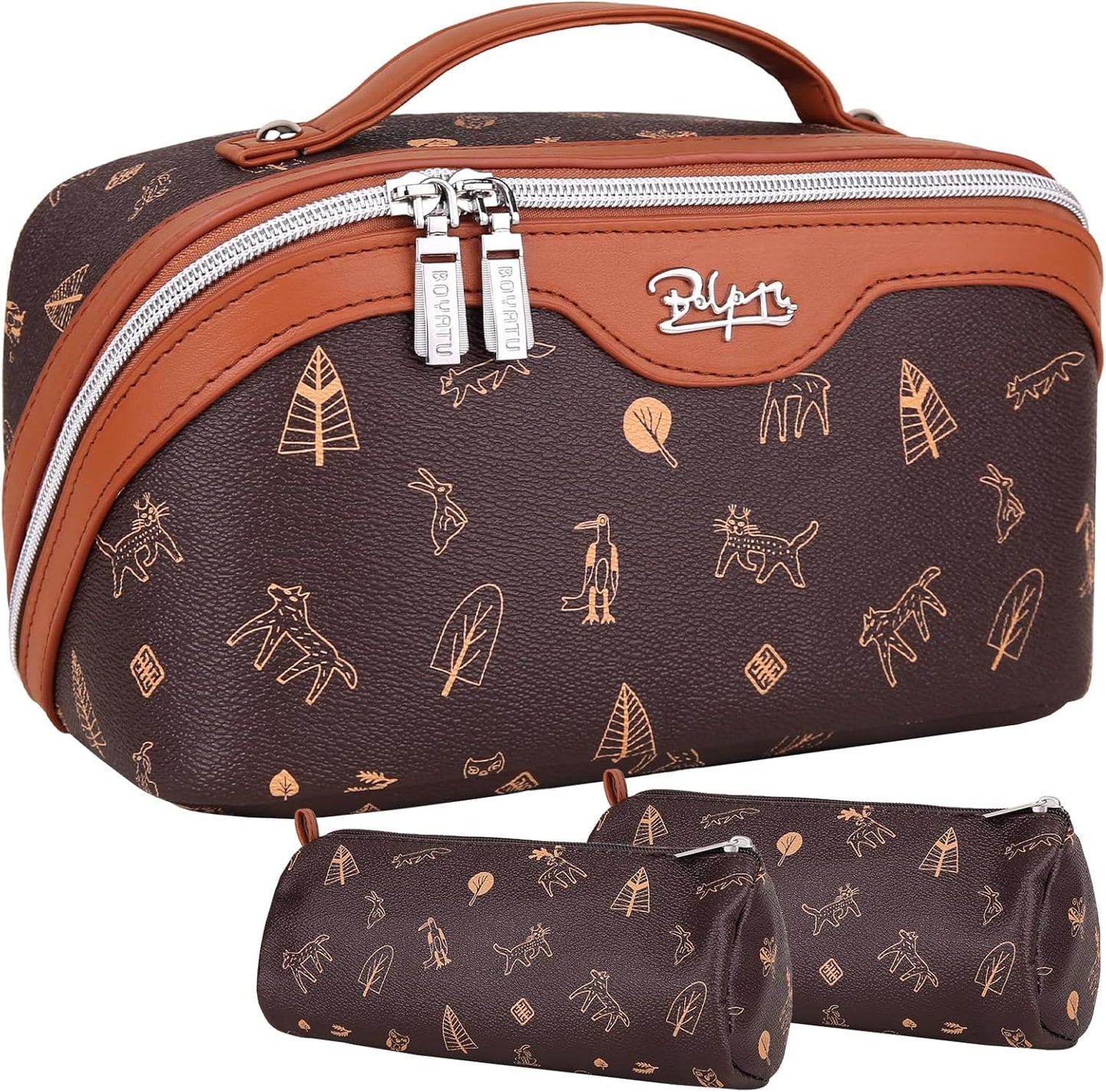 BOYATU Travel Makeup Bag Cosmetic Bags for Women: 3 Pcs Set Portable Make up Bag with Handle - Vegan Leather Toiletry Bags with Compartments - Makeup Organizer for Travel Essentials(04-Brown)