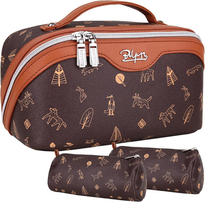 BOYATU Travel Makeup Bag Cosmetic Bags for Women: 3 Pcs Set Portable Make up Bag with Handle - Vegan Leather Toiletry Bags with Compartments - Makeup Organizer for Travel Essentials(04-Brown)