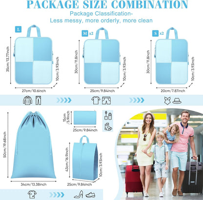 8 Set Compression Packing Cubes Travel, Lightweight Expandable Travel Cubes Suitcase Organizer for Carry On Luggage Suitcase, Light Blue