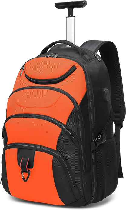 Boavan Rolling Backpack,17 inch Water Resistant Wheeled Backpack,Carry on Luggage Business Bag, Overnight College Computer bag Trolley Suitcase for Men Women Adults to Travel，Black&Orange