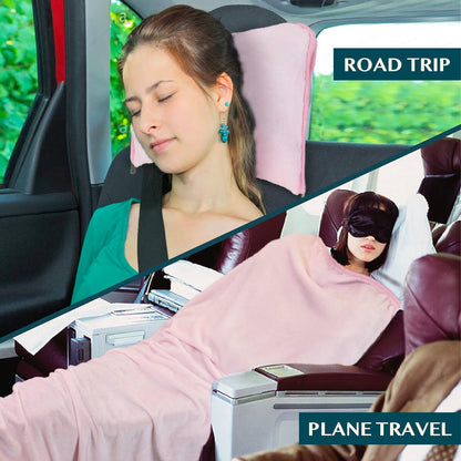 PAVILIA Travel Blanket Pillow, Soft Airplane Blanket 2-in-1 Combo Set, Plane Blanket Compact Packable, Flight Essentials Car Pillow, Travelers Gifts Accessories, Luggage Backpack Strap, 60x43 Pink