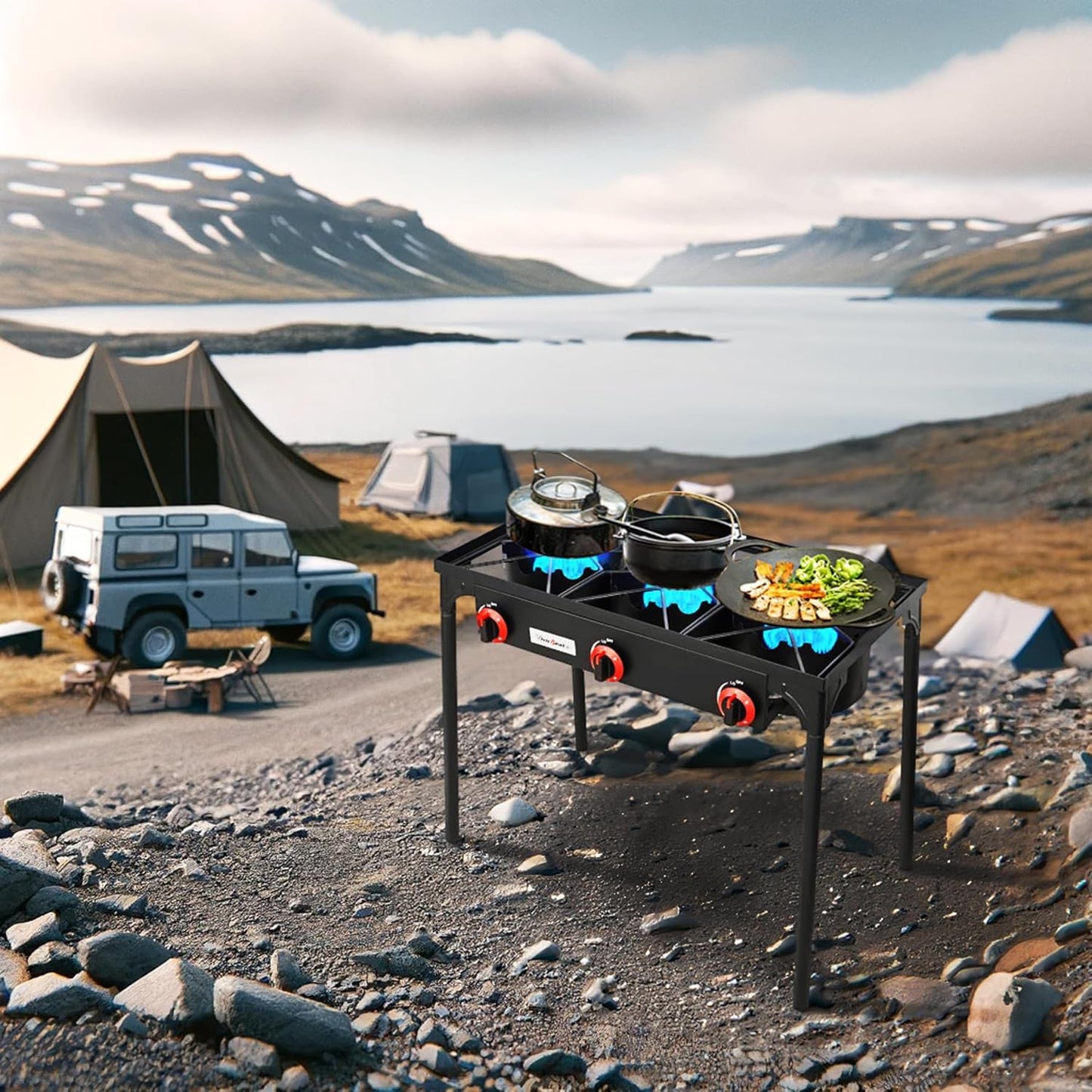 Vivicreate 3 Burner High pressure Propane Stove, 28 Inch Tall Camping Stove with cast iron burner 105000 BTU power, Stable Legs for Outdoor Use