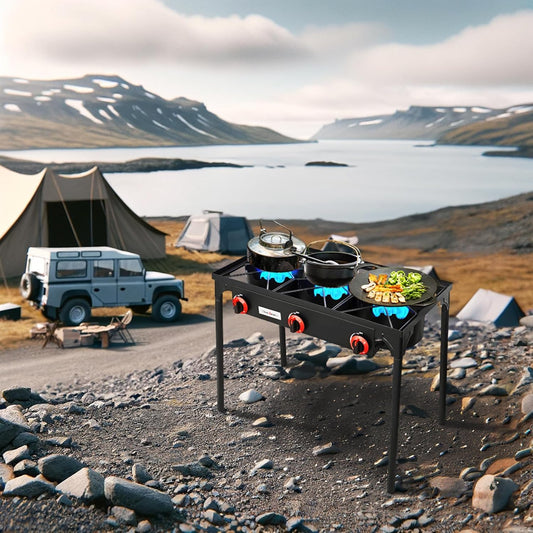 Vivicreate 3 Burner High pressure Propane Stove, 28 Inch Tall Camping Stove with cast iron burner 105000 BTU power, Stable Legs for Outdoor Use