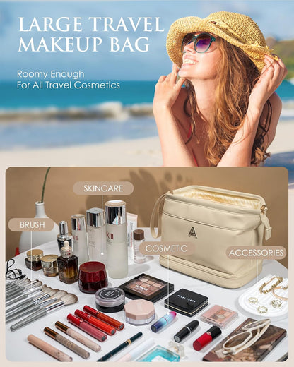 Bridesmaid Gift, Initial Makeup Bags, Personalized Double Layer Cosmetic Bag with Makeup Brush Organizer, Waterproof, Large Capacity PU Leather Travel Toiletry Bag