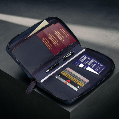 TORRO Premium Leather Family Travel Wallet, RFID Blocking Travel Organizer, Family Passport Holder for 4 Passports, Travel Documents and Cards (Navy Blue)