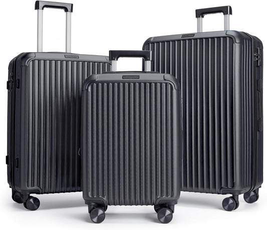 LIGHT FLIGHT Luggage Sets, Durable Hard Shell 3 Piece Set Suitcase with Spinner Wheels, Hardside Lightweight Luggage set with TSA Lock, Large Travel Luggage Set (20" 24" 28"), Black