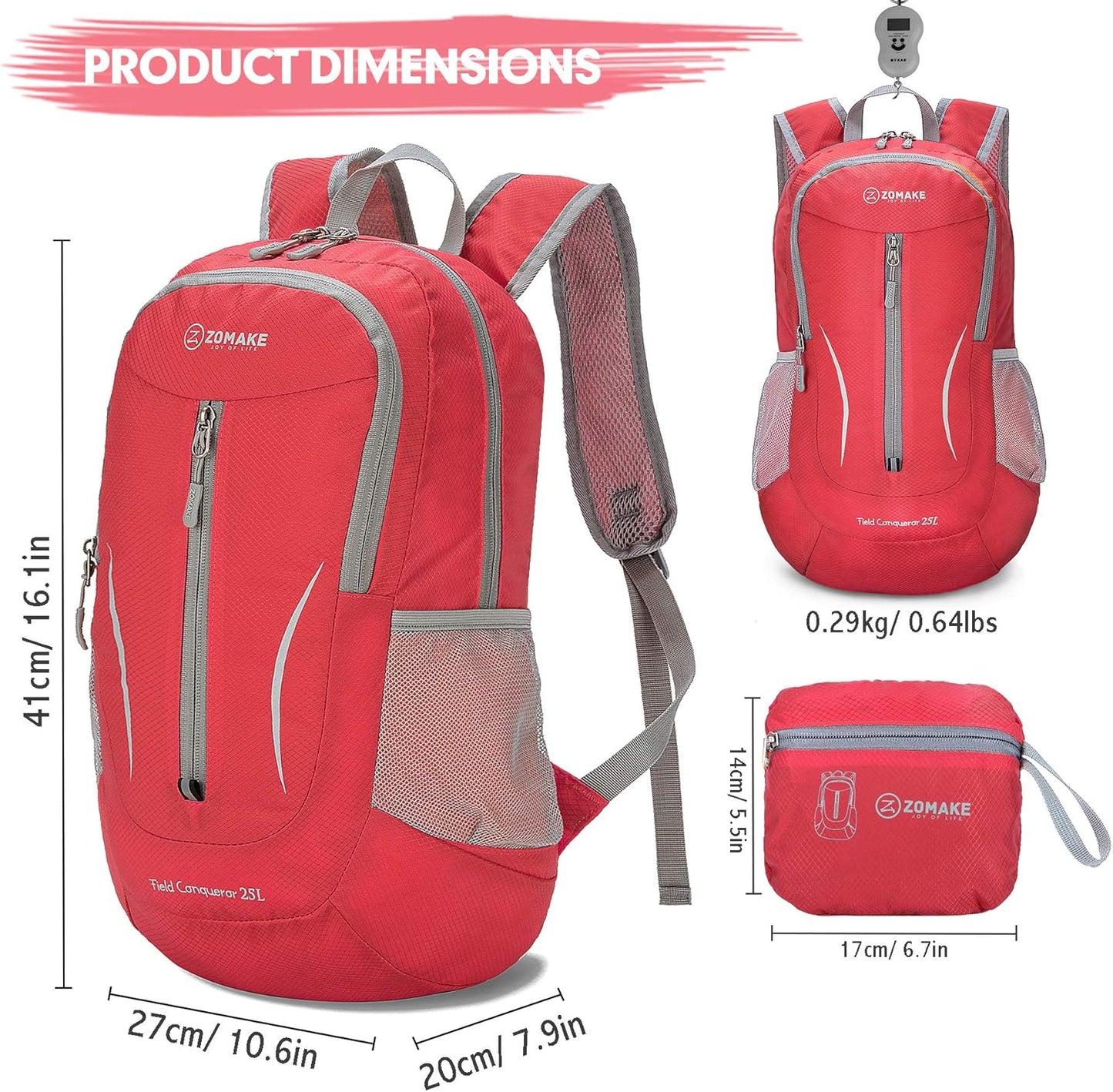 ZOMAKE Ultra Lightweight Packable Backpack 25L, Foldable Hiking Backpacks Water Resistant Small Folding Daypack for Travel(Red)