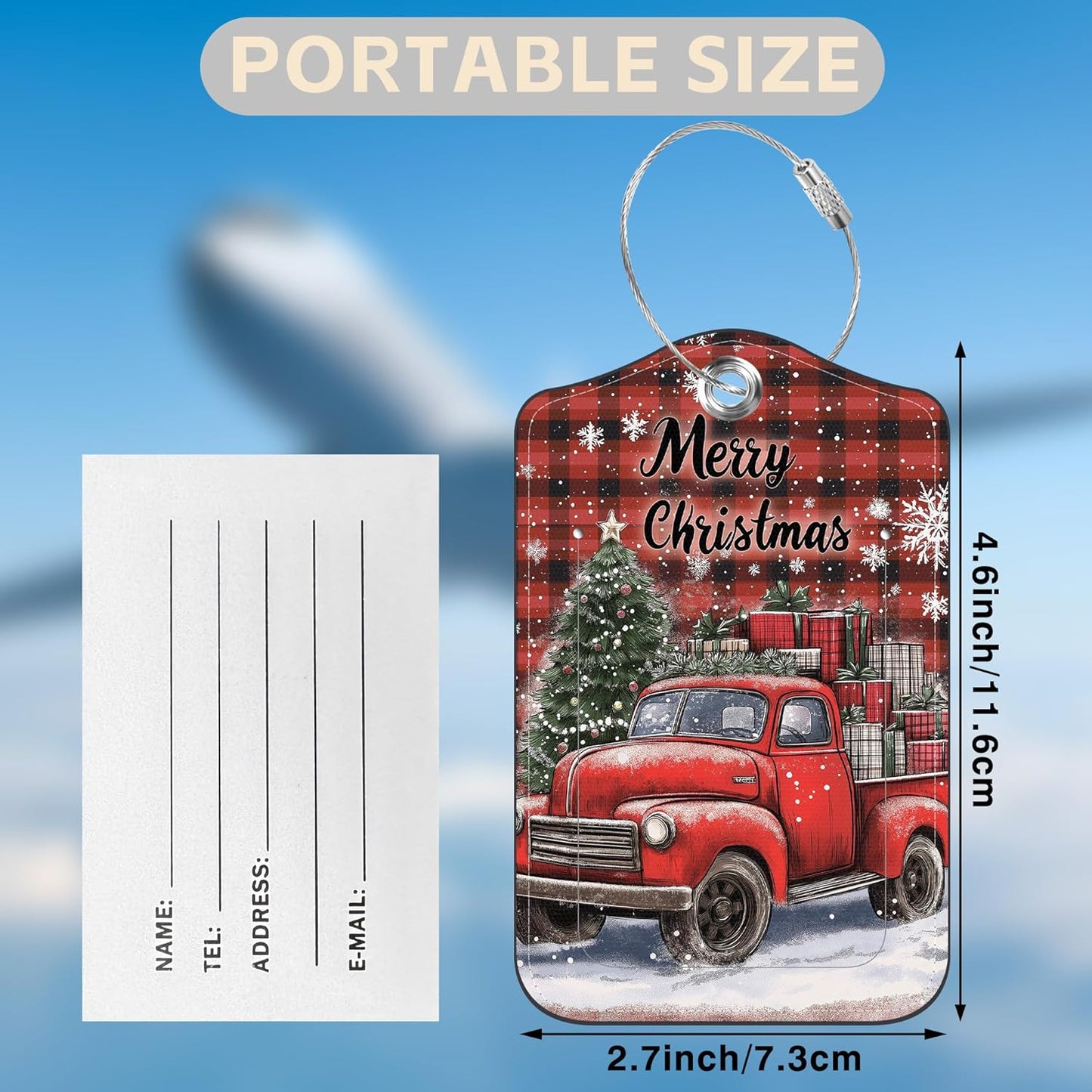 2 Pcs Red and Black Checkered Christmas Tree Luggage Tags for Suitcases PU Leather Truck Baggage Tags Name ID Label with Privacy Cover and Stainless Steel Loop for Men Women Travel Bag Suitcase