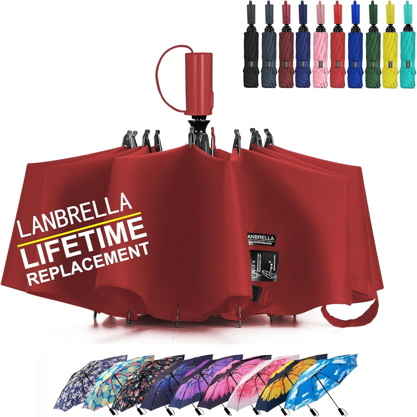 LANBRELLA Compact Reverse Folding Umbrella Auto Windproof Travel Umbrella