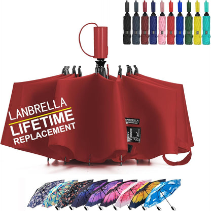 LANBRELLA Compact Reverse Folding Umbrella Auto Windproof Travel Umbrella