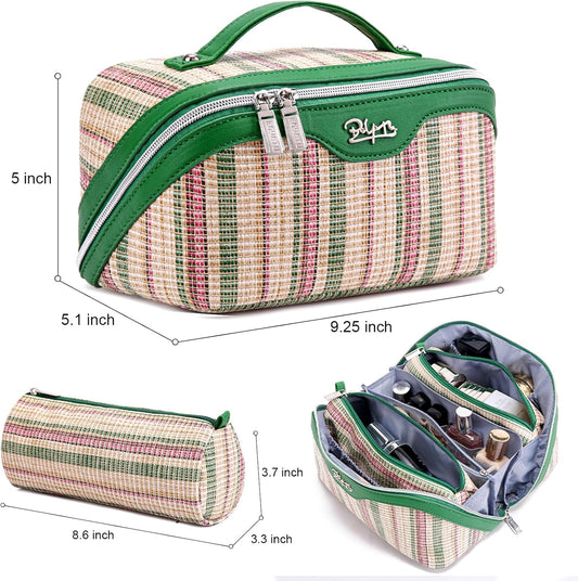 Travel Makeup Bag for Women: Large Capacity Open Flat Make up Bag Set of 3 - Vegan Leather Cosmetic Bag with Compartments - Waterproof Toiletry Bag with Handle & Divider(Green)