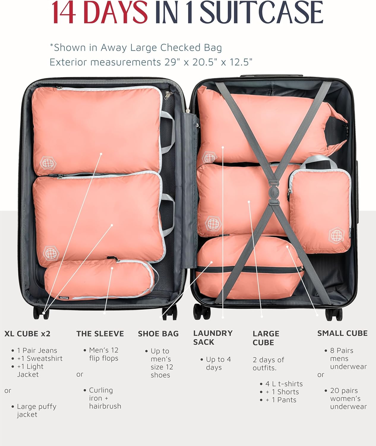 Large Compression Packing Cubes for Travel-Packing Cube Luggage Organizers 7 Piece Set for Checked Luggage-Ultralight, Expandable/Compression Bags by TRIPPED Travel Gear (Dusty Rose)