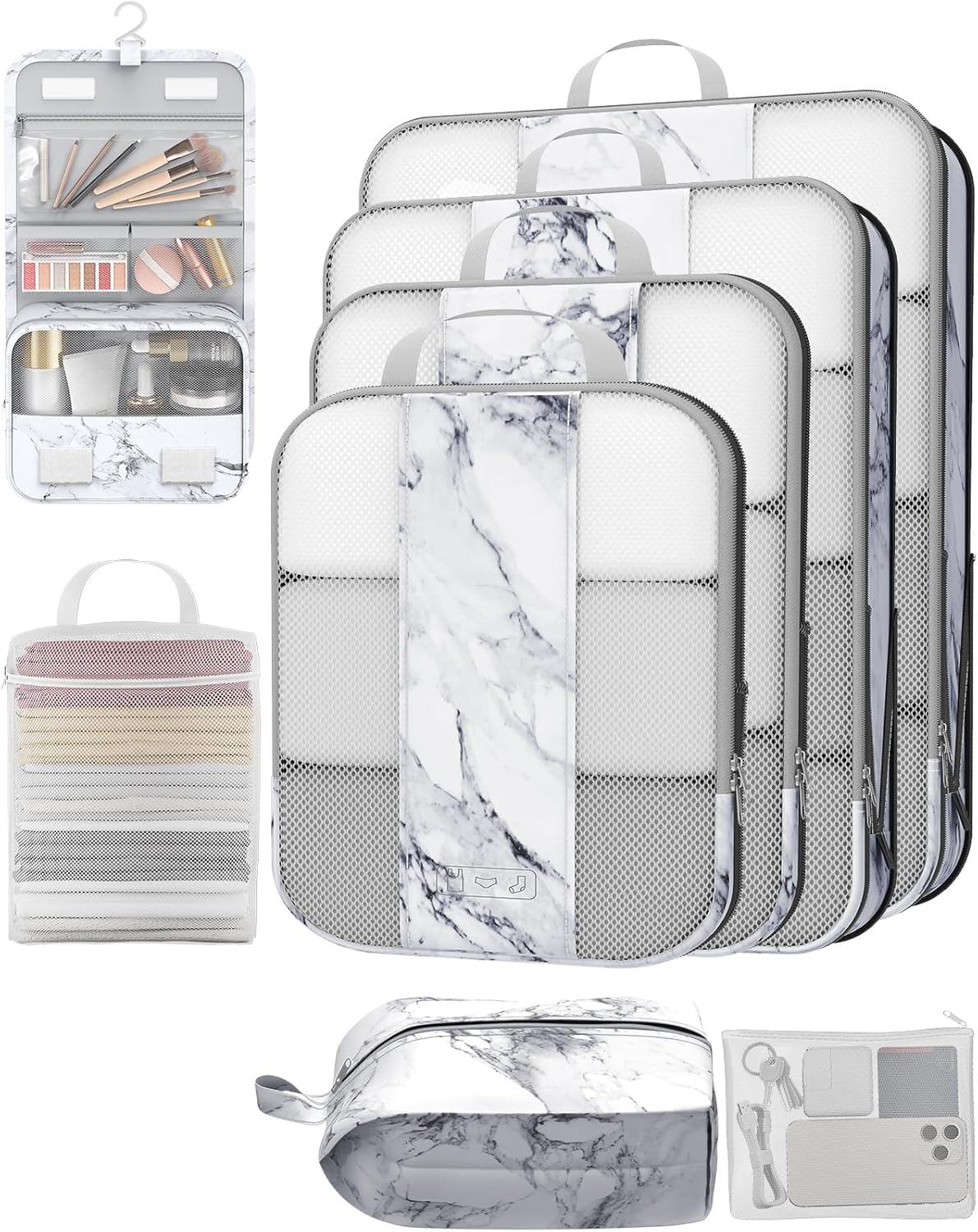 8 Set Compression Packing Cubes for Travel Essentials,Compressible Expandable Packing Cubes for Suitcase,OlarHike Luggage Organizer Bags for Travel,Handy Helper for Organizing Clothes(White Marble)