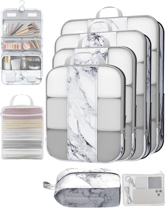8 Set Compression Packing Cubes for Travel Essentials,Compressible Expandable Packing Cubes for Suitcase,OlarHike Luggage Organizer Bags for Travel,Handy Helper for Organizing Clothes(White Marble)