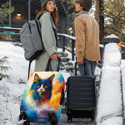 ANNA QUEEN Colorful Cat Luggage Cover, Artistic Blue Cat Design with Rainbow Colors, Stretchable, Washable Travel Sleeve for 24-26 Inch Suitcases