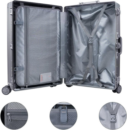 TRAVELKING All Aluminum Luggage Zipperless Hard Shell Luggage Case with TSA Lock Spinner Alloy Metal Suitcase (Grey, 24")