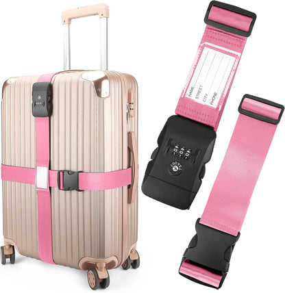 Luggage Straps, Pink TSA Approved Luggage Strap Belt with Combination Lock for Suitcases, 2 Pack Adjustable Heavy Duty Cross Suitcase Straps with Name Tags for Travel, Carry On Bags, Protect Luggage