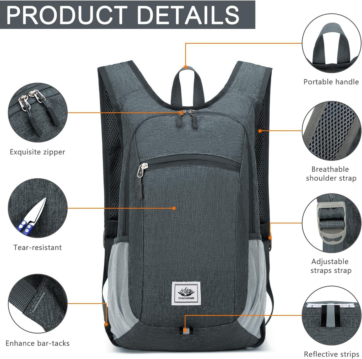 Esup 15L Lightweight Hiking Backpack Foldable Small Travel Backpack Packable Camping Backpack for Women Men (Dark Gray)