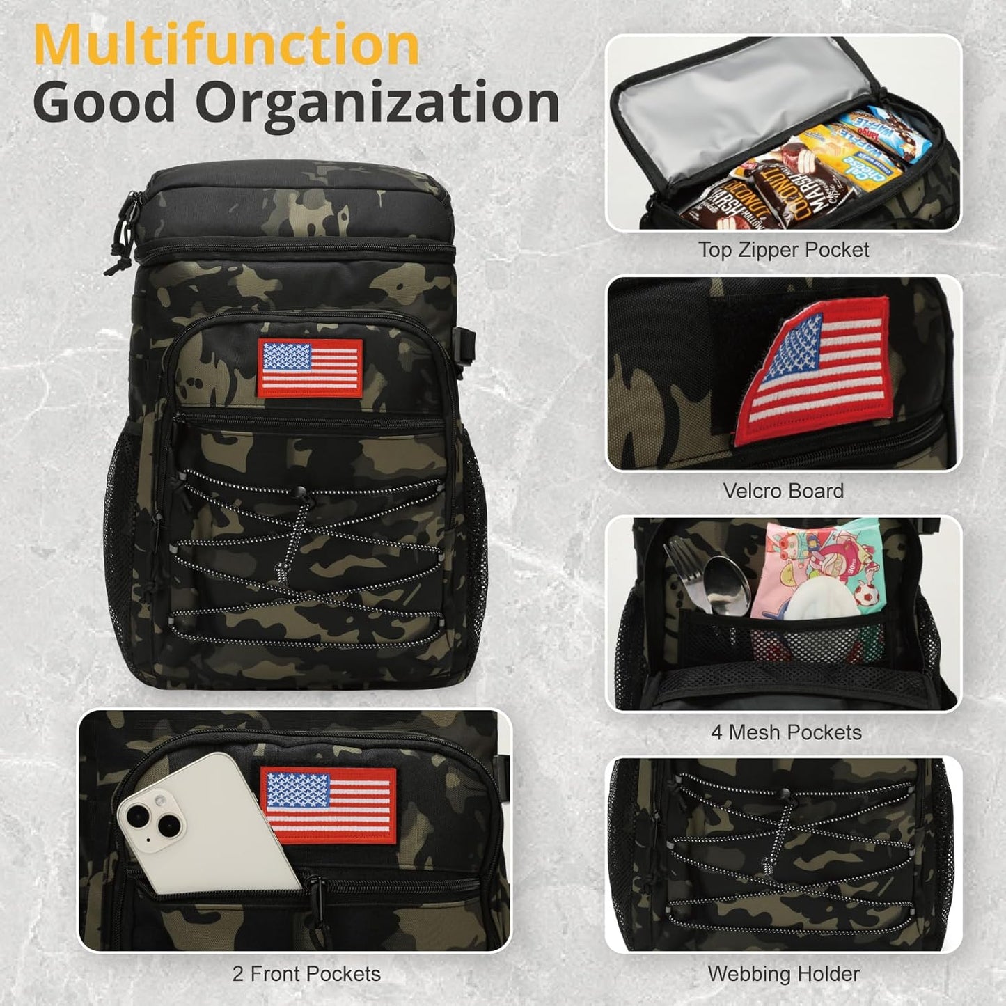 Tactical Backpack Cooler, 25L Cooler Backpack Insulated Leak-Proof, Heavy Duty Large Lunch Backpack, Waterproof Ice Chest Backpack for Men Women Adults Work Daytrip Camping Beach Hiking Accessories