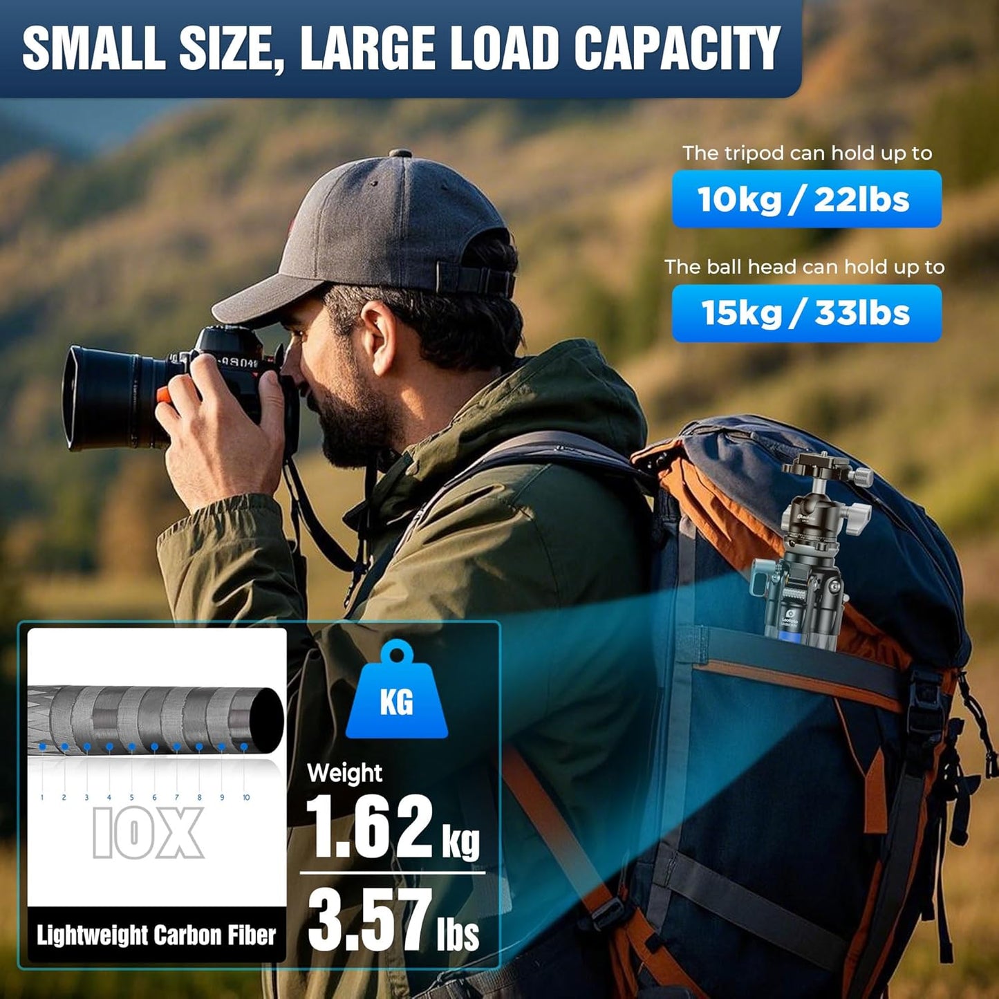 LEOFOTO Carbon Fiber Tripod with Leveling Base for Camera, 360° Rotating Ball Head, 1/4" QR Plate for Sport Camera/Phone/Projector, Compact Tripod with Panoramic Base, A Bubble Level, Max Load 22LB