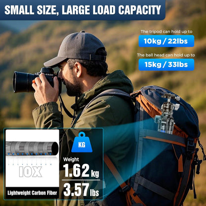 LEOFOTO Carbon Fiber Tripod with Leveling Base for Camera, 360° Rotating Ball Head, 1/4" QR Plate for Sport Camera/Phone/Projector, Compact Tripod with Panoramic Base, A Bubble Level, Max Load 22LB