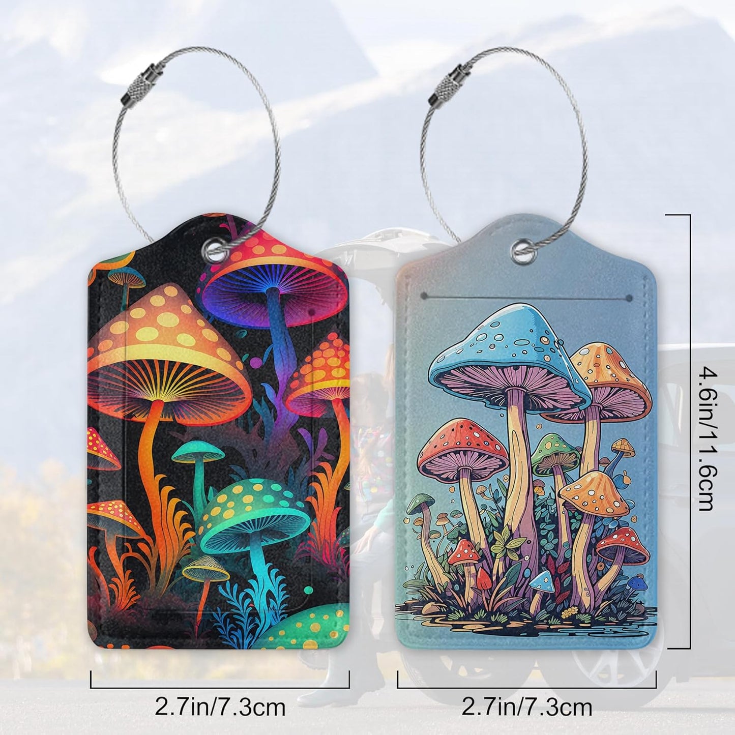 Set of 2 Colorful Mushrooms at Night Luggage Tags for Suitcases, Colorful Mushrooms Leather Suitcase Tag Name Identifiers Labels for Travel Bag Baggage Backpack