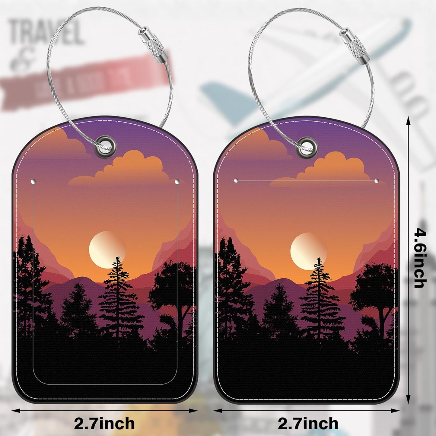 Abstract Mountain Forest Moon Leather Luggage Tag for Suitcase 2 Pack Luggage Tag with Privacy Name ID Label and Stainless Steel Loop for Travel Bag Suitcase