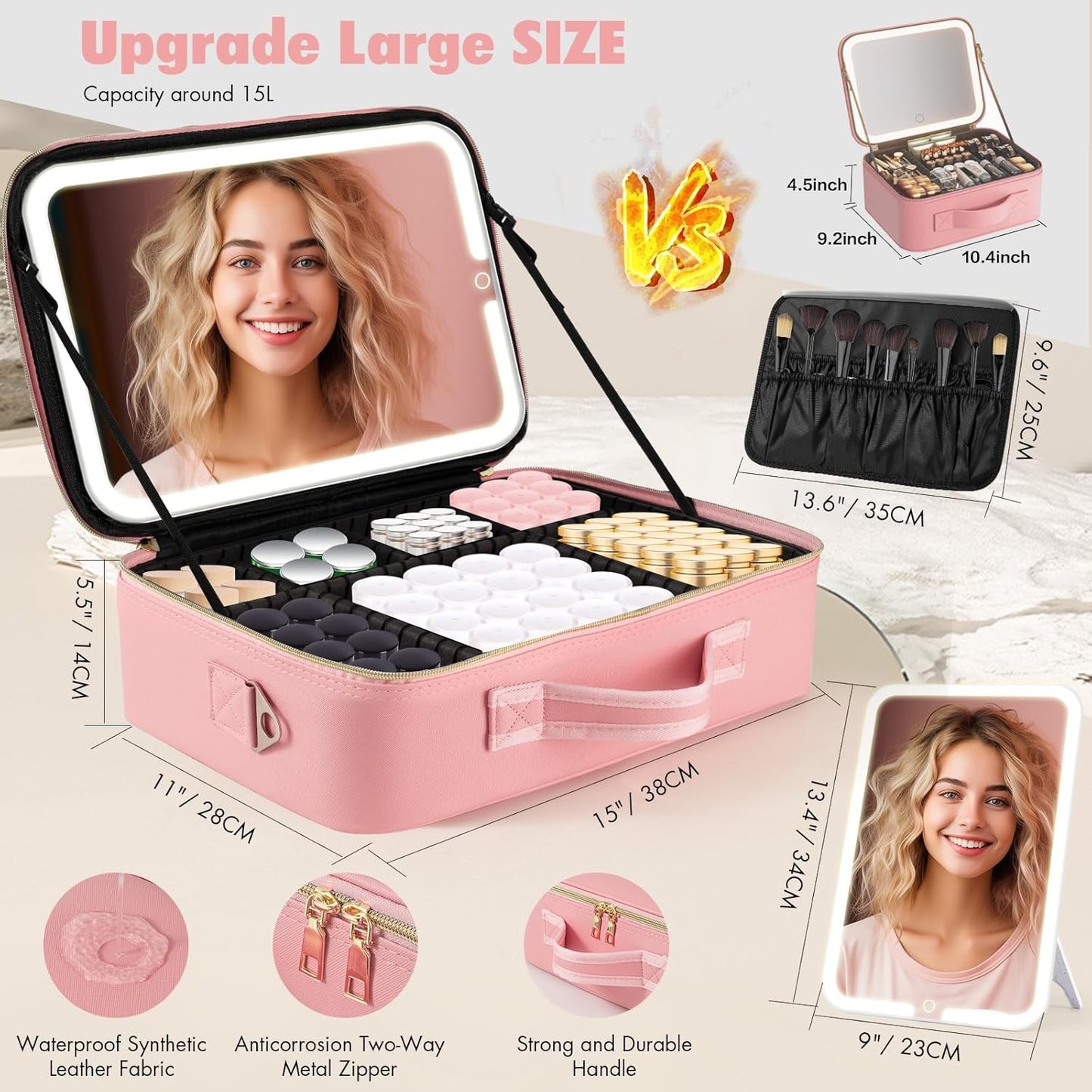 Large Travel Makeup Bag with LED Mirror, 3-Color Stepless Dimming Stand Mirror Detachable, with Adjustable Divider, Makeup Brush Holder Storage (Pink)