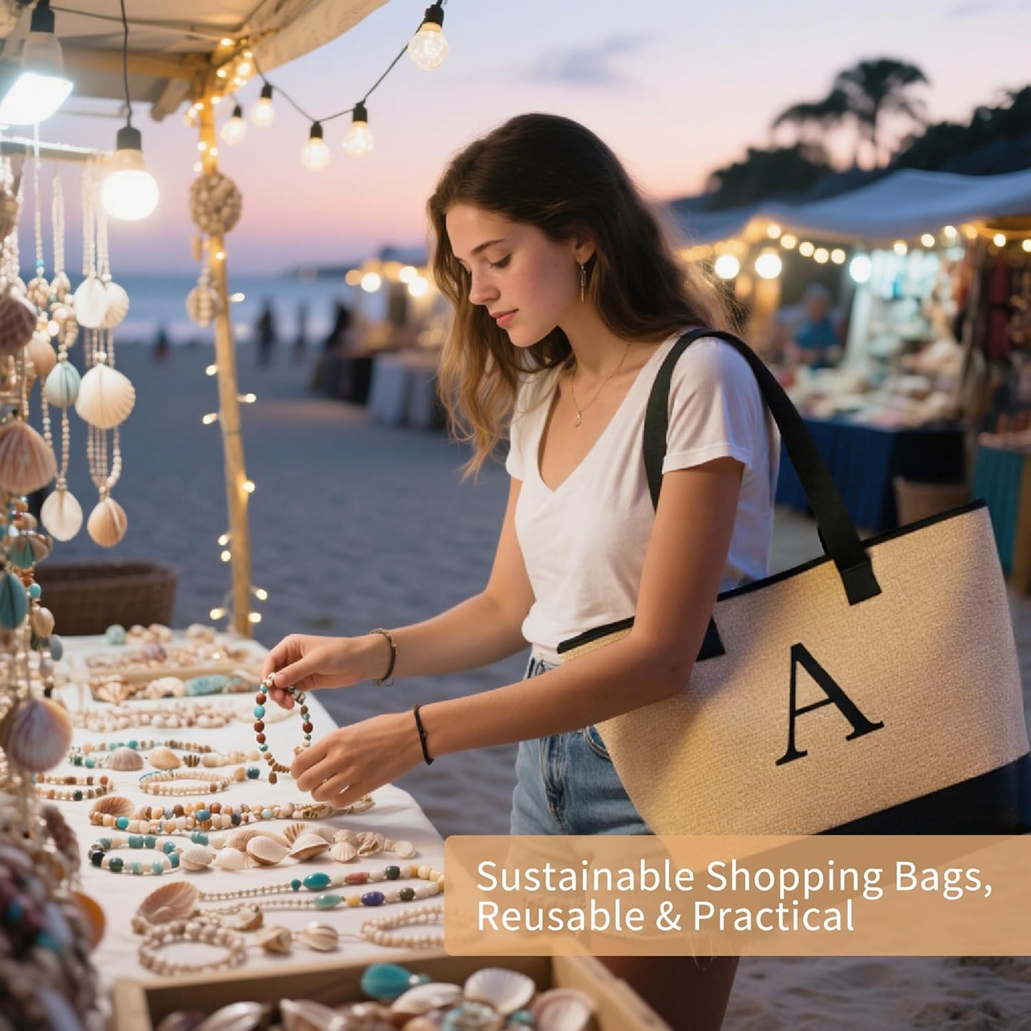 KALIDI Woven Tote Bag for Women, Lightweigh Monogram Beach Bag with Zipper & Sand-Proof Canvas Base, Personalized Gift