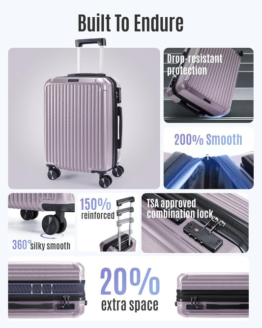 LIGHT FLIGHT Luggage Sets, Durable Hard Shell 3 Piece Set Suitcase with Spinner Wheels, Hardside Lightweight Luggage set with TSA Lock, Large Travel Luggage Set (20" 24" 28"), Rose Purple