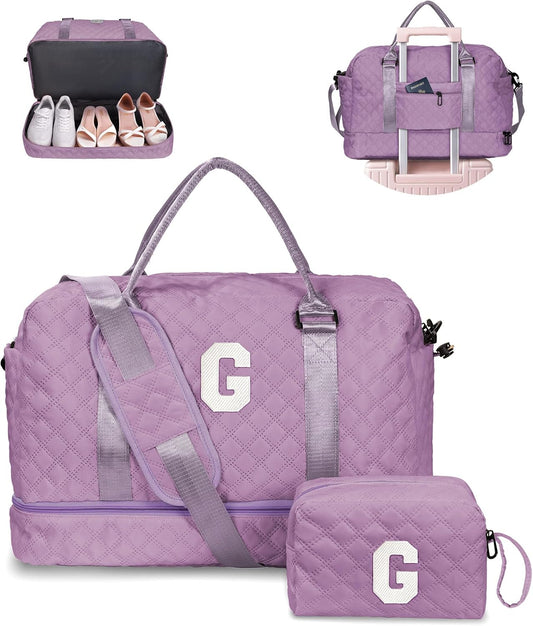 Gifts for Girls-Teen Weekender Bags, Personalized Weekender Bag, Monogram Overnight Bag, Letter Travel Bag with Makeup Bag，Personalized Gift Idea for Women Her (Letter G)