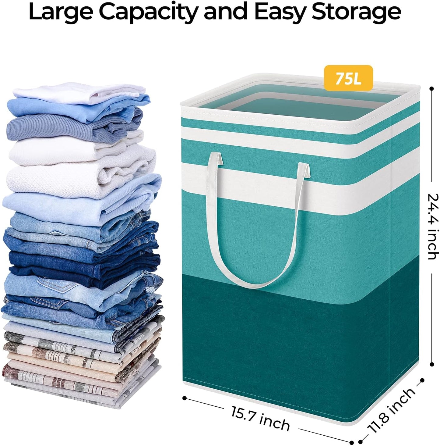 HomeHacks 2-Pack Large Laundry Basket, Waterproof, Freestanding Laundry Hamper, Collapsible Tall Clothes Hamper with Extended Handles for Clothes Toys in the Dorm and Family (Green, 75L)