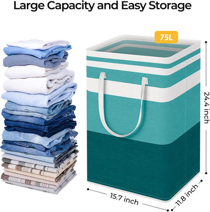 HomeHacks 2-Pack Large Laundry Basket, Waterproof, Freestanding Laundry Hamper, Collapsible Tall Clothes Hamper with Extended Handles for Clothes Toys in the Dorm and Family (Green, 75L)
