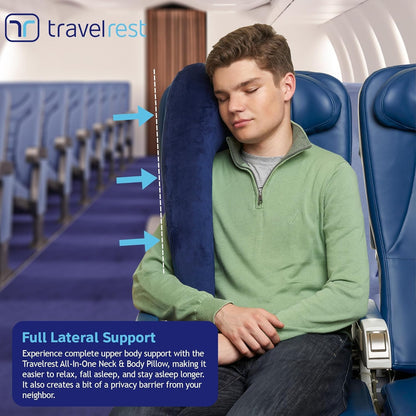 TRAVELREST All-in-One Neck & Body Pillow, Advanced Support Design, Travel Essential, Memory Foam Inserts, Inflatable, Airplane & Car Seat, Sleeping on Long Flight & Trips, Blue (Washable Velour Cover)