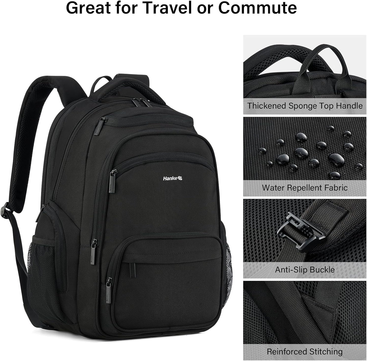 Hanke College Laptop Backpack Multi-Pocket, 18-Inch Large Travel Backpack for Men Women, Water Resistant College Bookbag for 15.6 Inch Laptop, Casual Daily Personal Item Size Airline Approved,Black