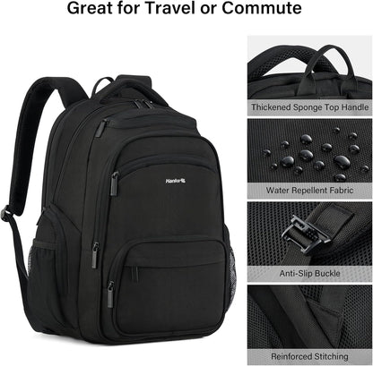 Hanke College Laptop Backpack Multi-Pocket, 18-Inch Large Travel Backpack for Men Women, Water Resistant College Bookbag for 15.6 Inch Laptop, Casual Daily Personal Item Size Airline Approved,Black