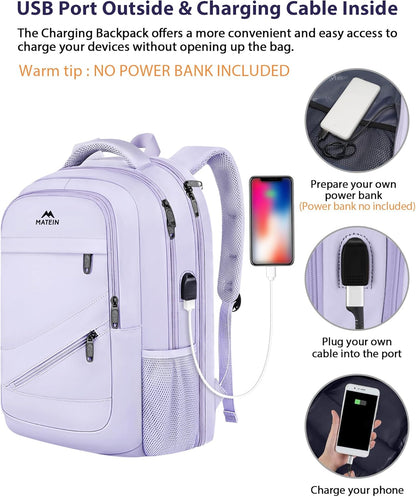 MATEIN College School Backpack for Women, 17 Inch Large College Laptop Bookbag TSA Approved, Anti Theft Multiple Pockets Computer Carry On for Work Travel, Light Purple