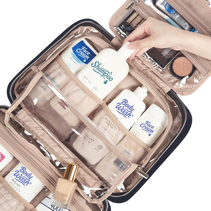 NISHEL Travel Toiletry Bag for women, Portable Hanging Organizer for Family-Sized Shampoo, Conditioner, Brushes Set, Makeup Accessories, Extra Large Size, Black